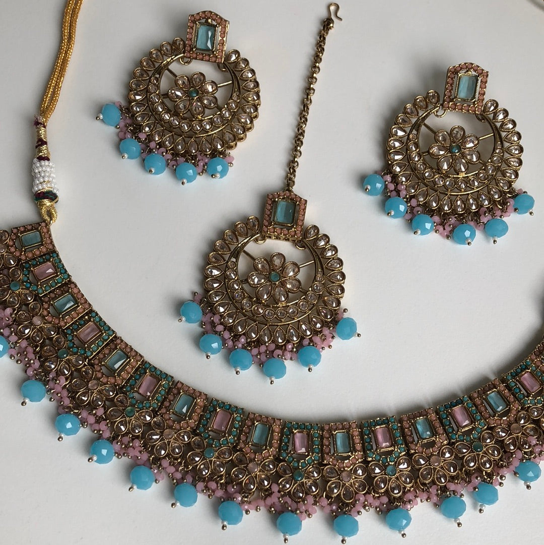 Aqua Blue & Baby Pink Crystal Necklace Earring Tikka Set