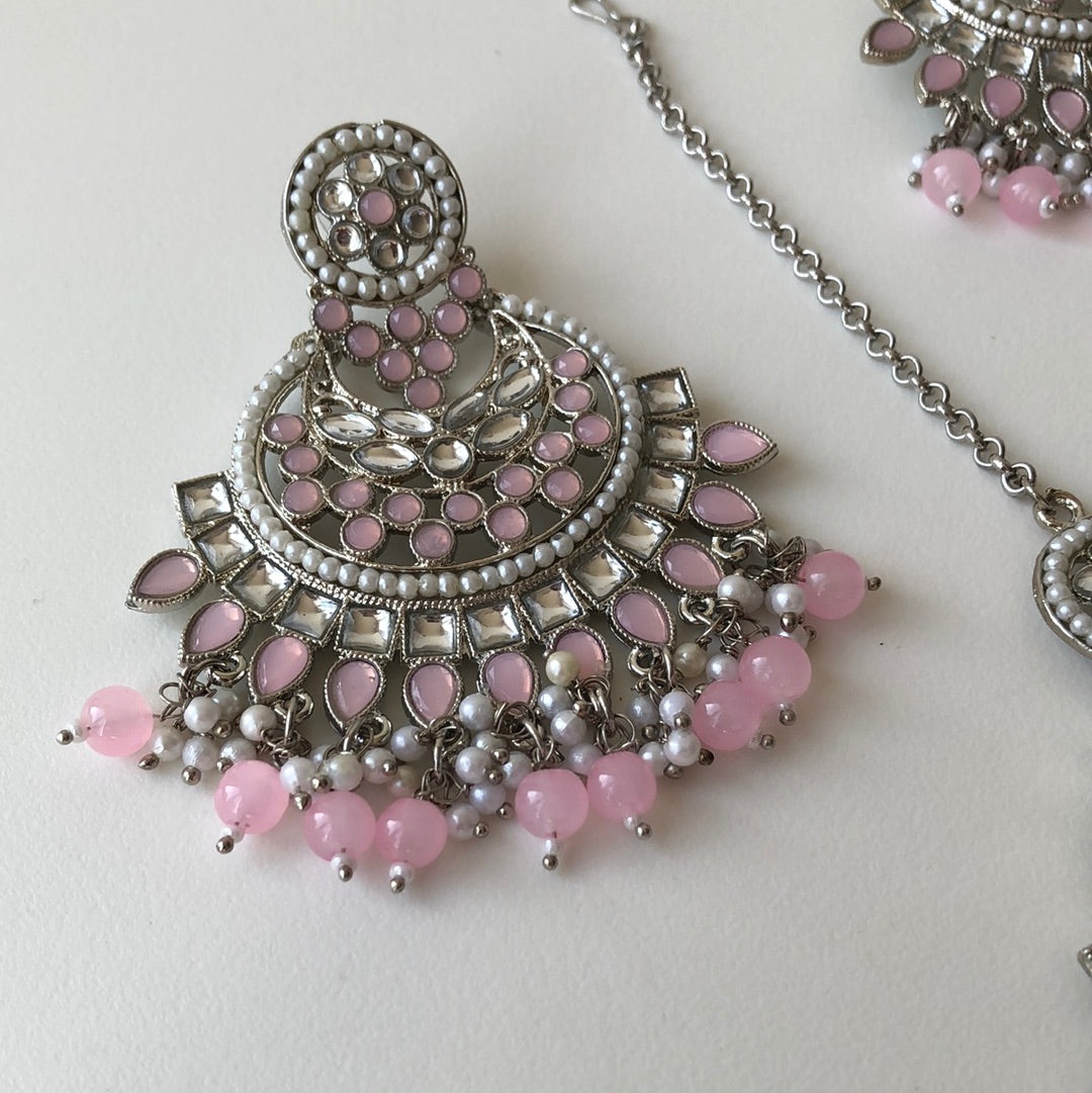 Silver White Pink Earring Tikka Set