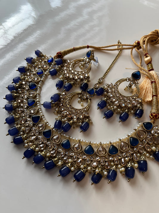 Blue Polki Necklace Earring Tikka Set