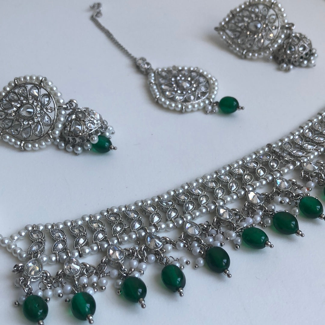 Silver Emerald Necklace Earring Tikka Set