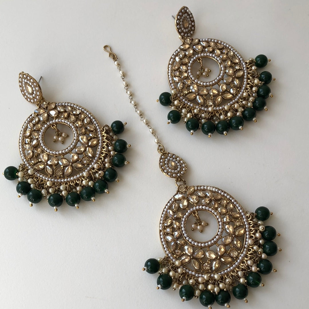 Emerald Green Drop Earrings Tikka Set