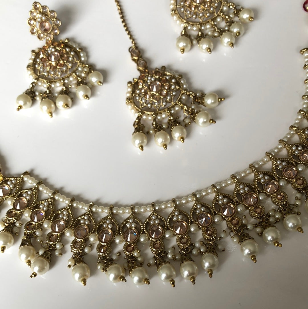 Pearl Gold Necklace Earring Tikka Set