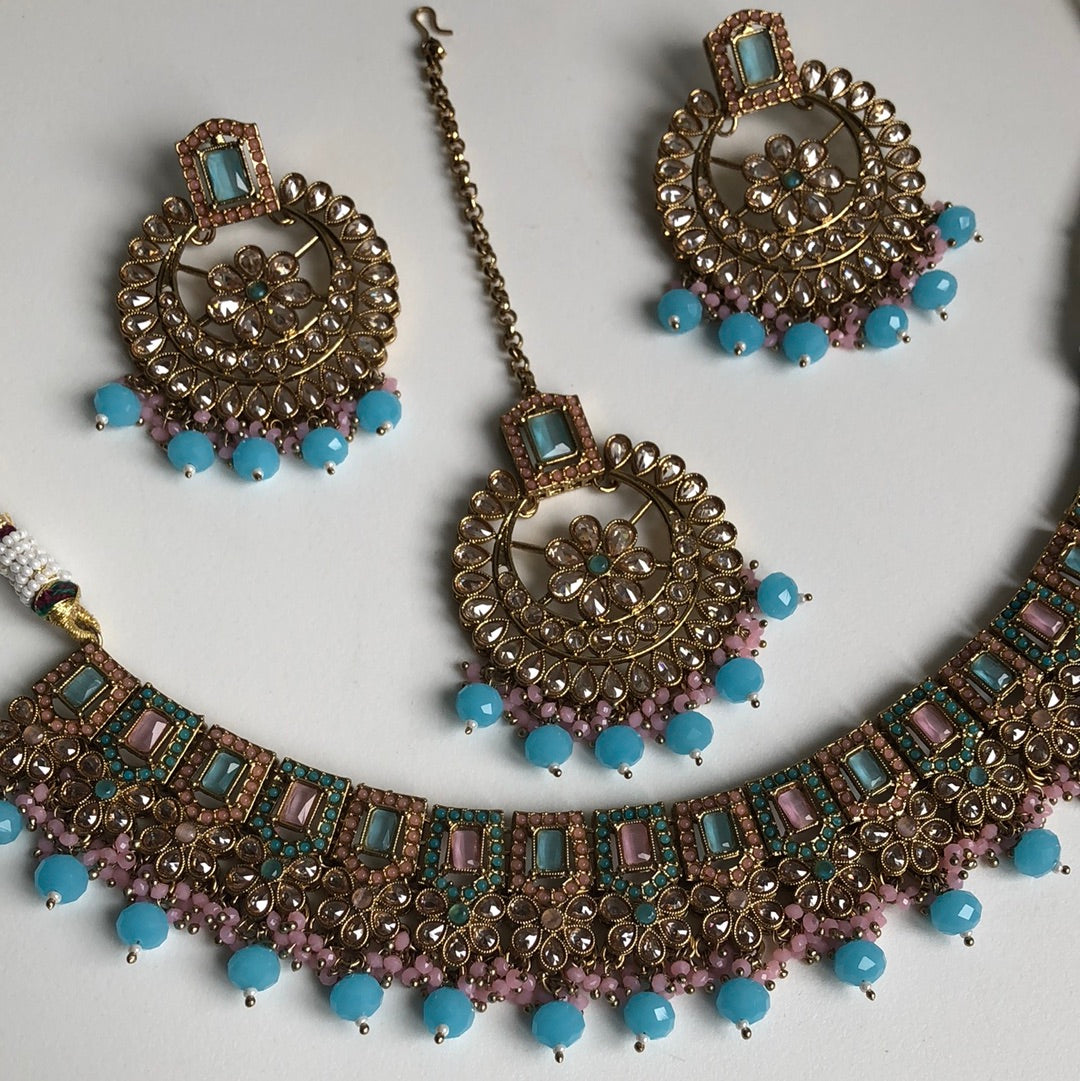 Aqua Blue & Baby Pink Crystal Necklace Earring Tikka Set