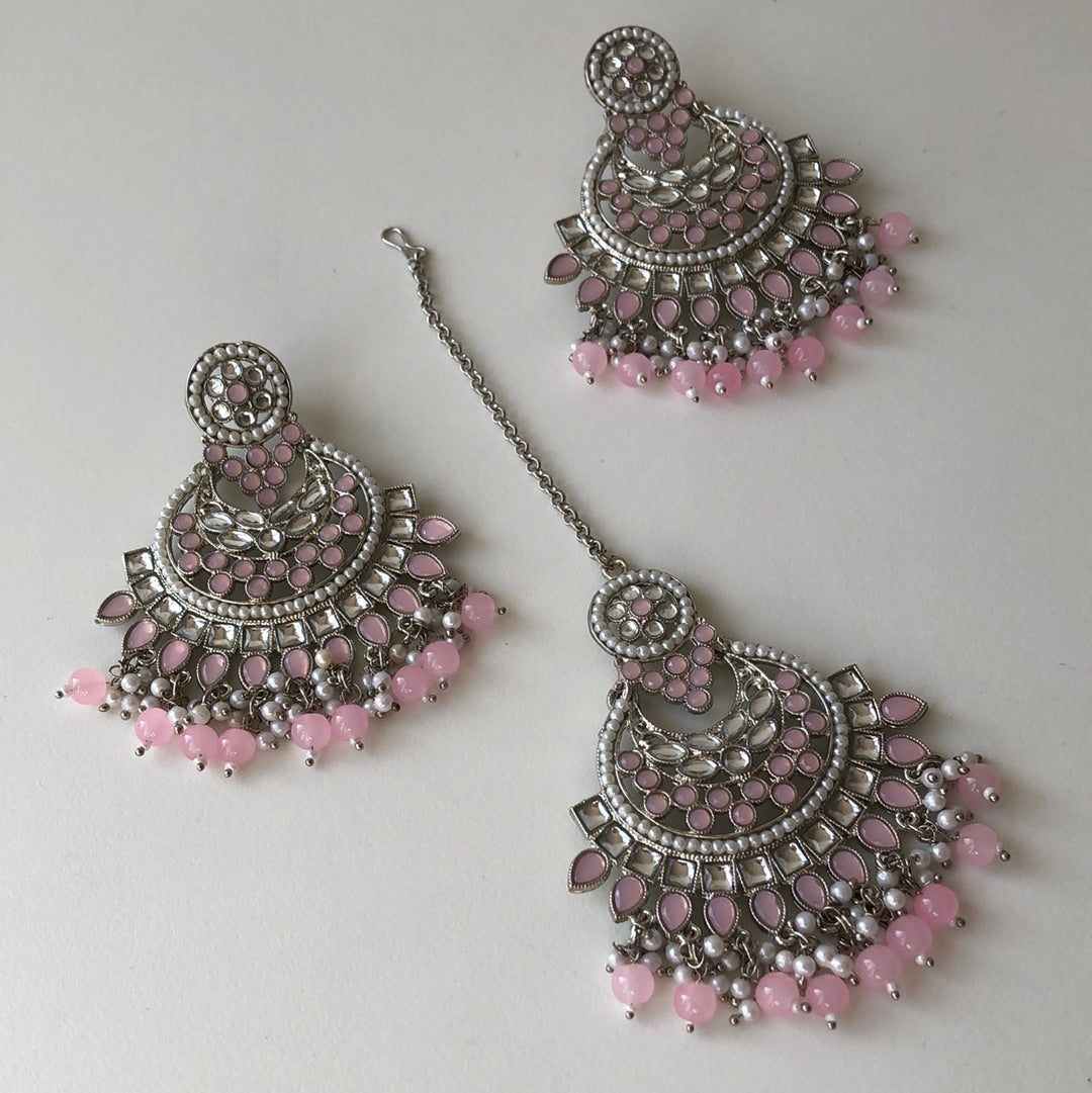 Silver White Pink Earring Tikka Set