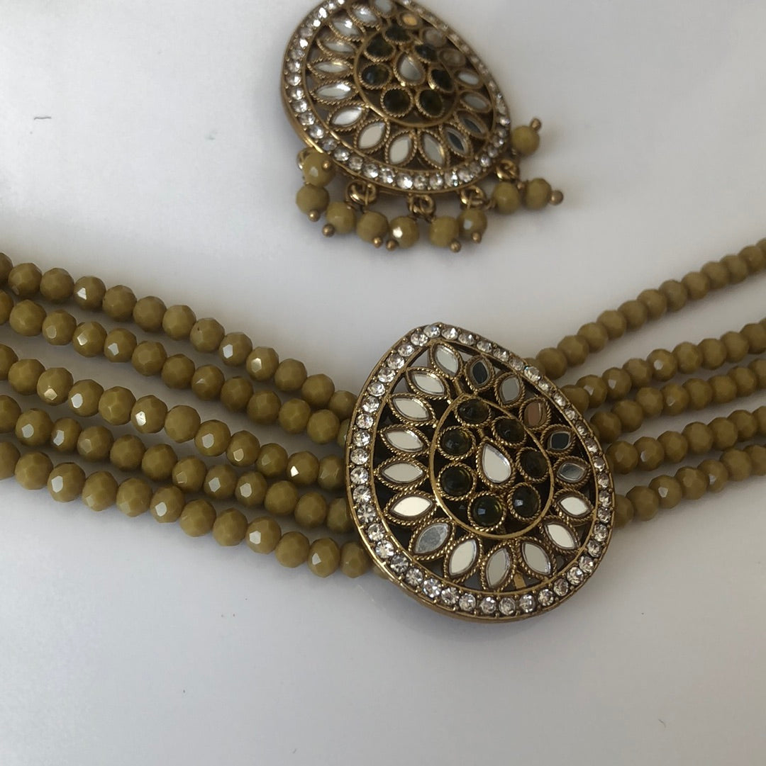 Olive Green Necklace Earring Tikka Set