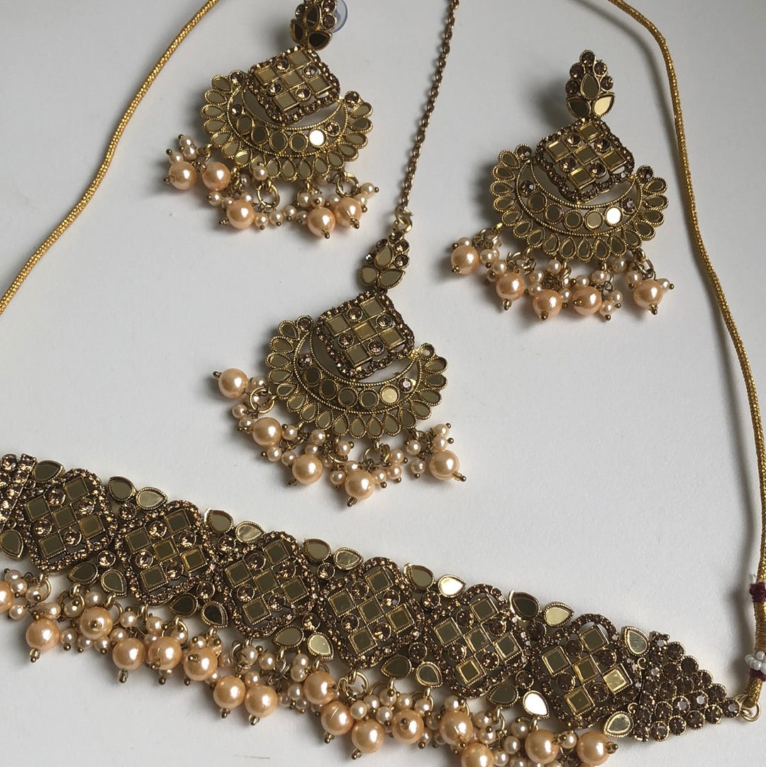 Gold Mirrored Necklace Earring Tikka Set