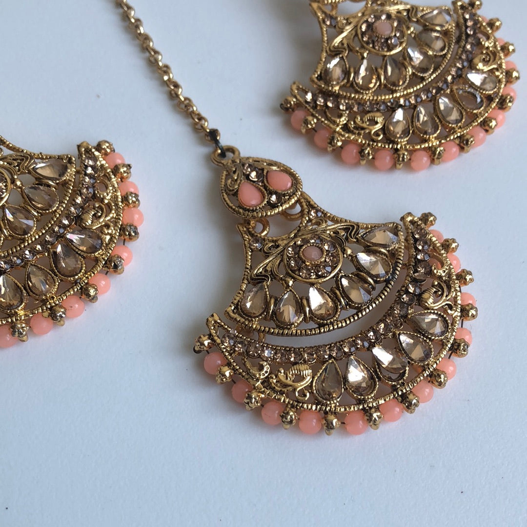 Peach Gold Crystal Earring Tikka Set