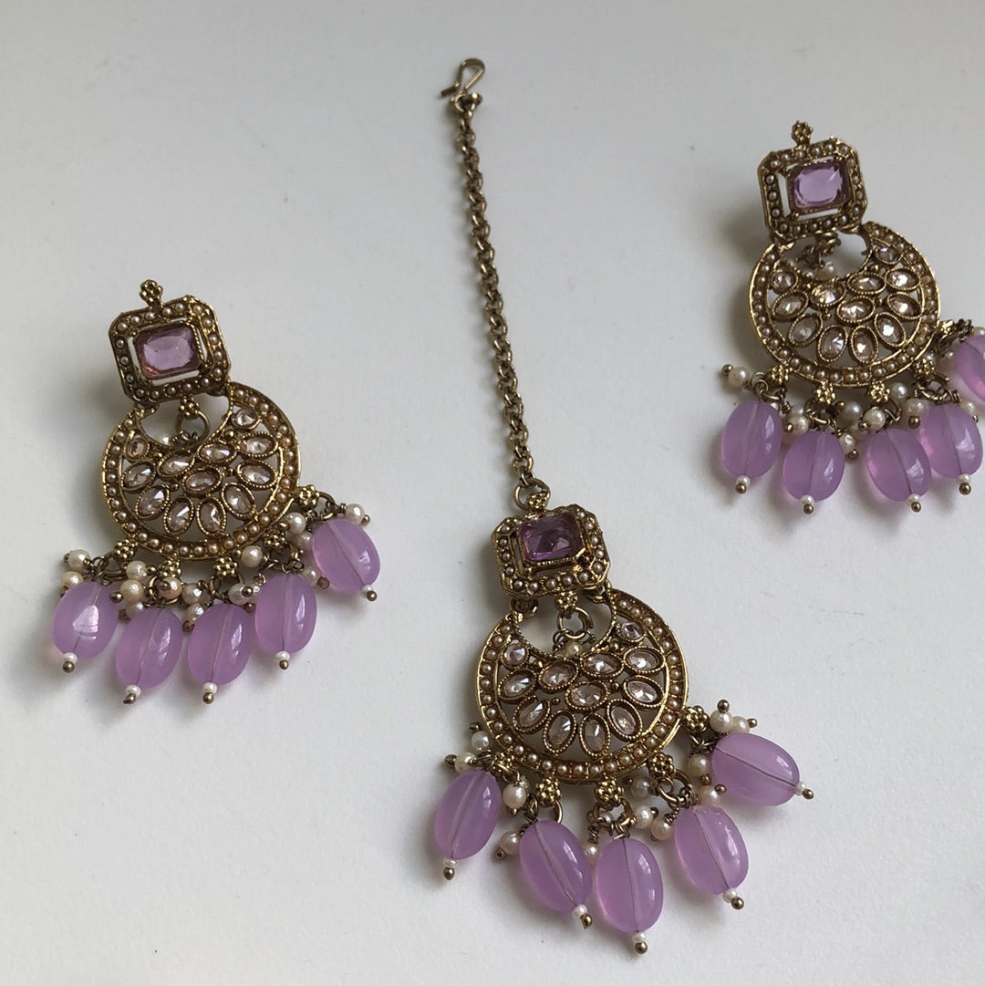 Lavender Stone Crystal Necklace Earring Tikka Set