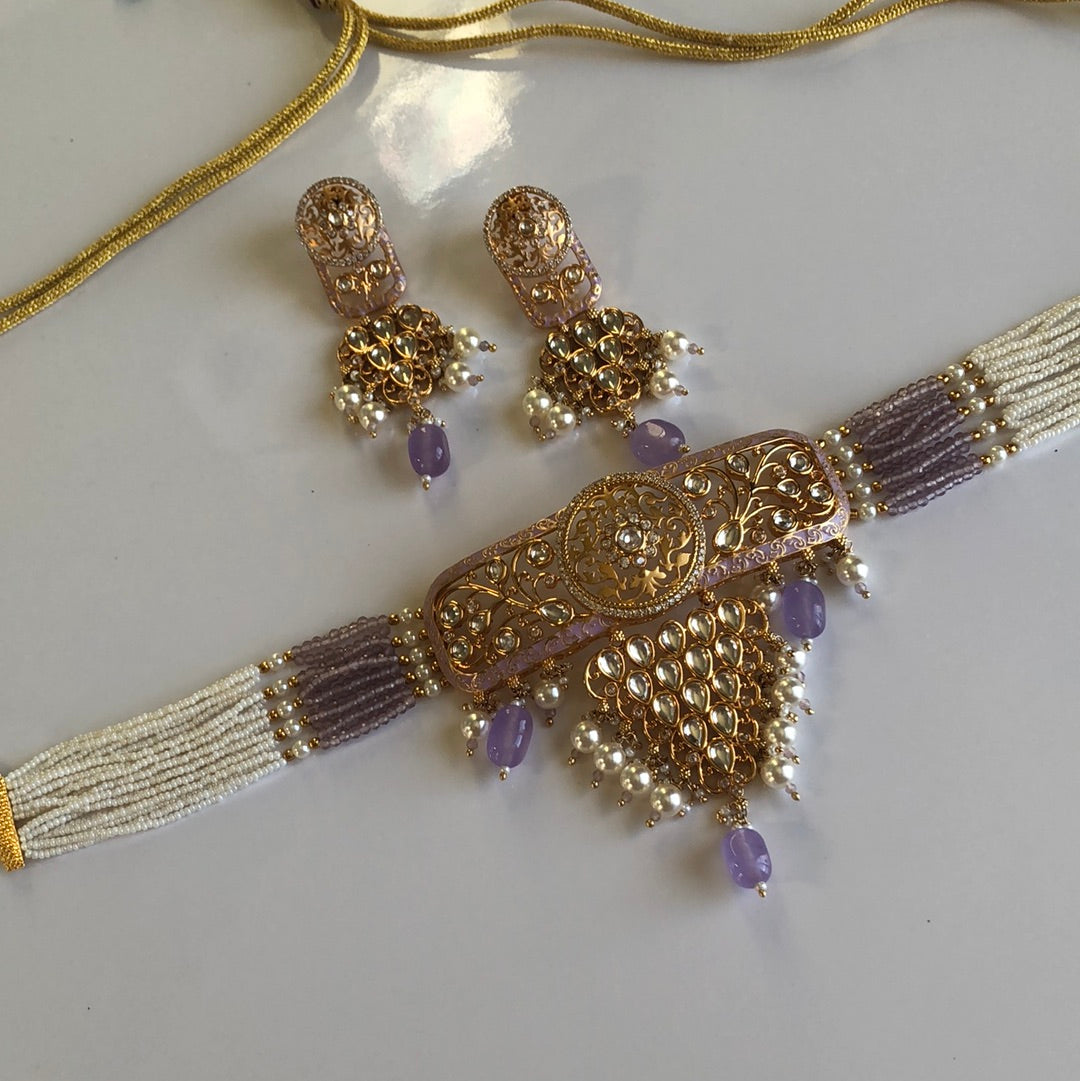 Lavender Gold Plated Choker Necklace Earrings