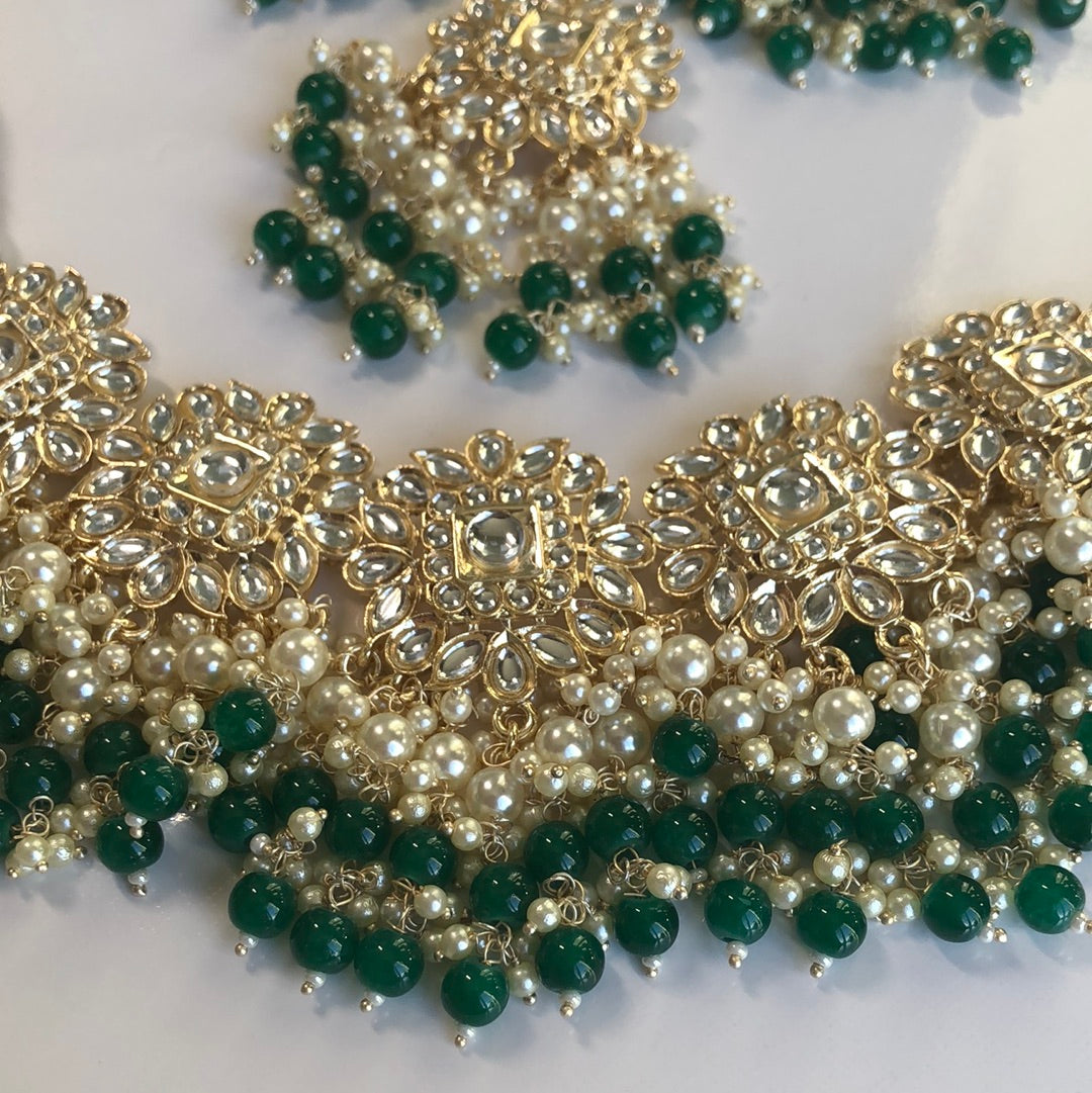 Deep green necklace earring Tikka set
