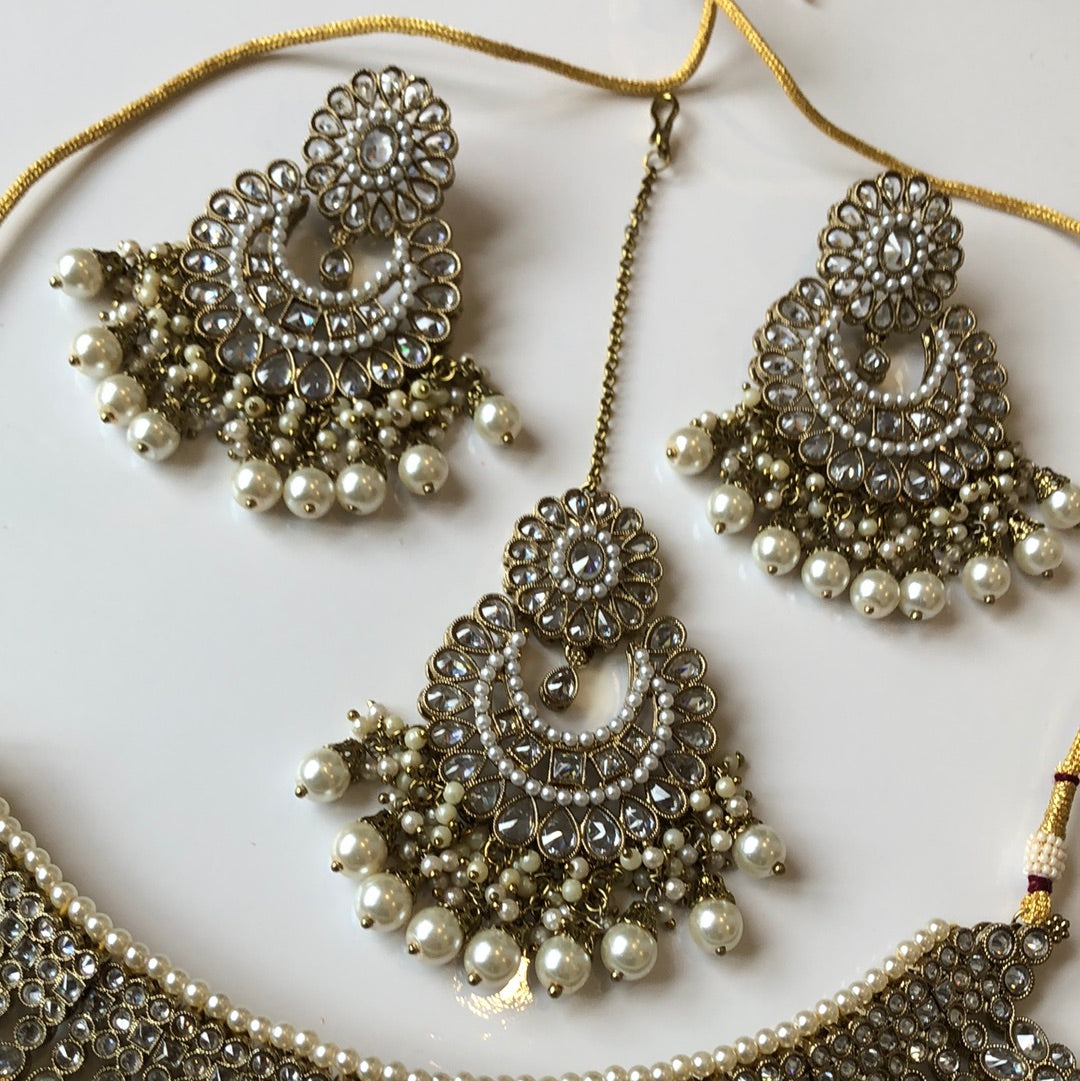 Gold Extravagant Bridal Necklace Earring Tikka Set