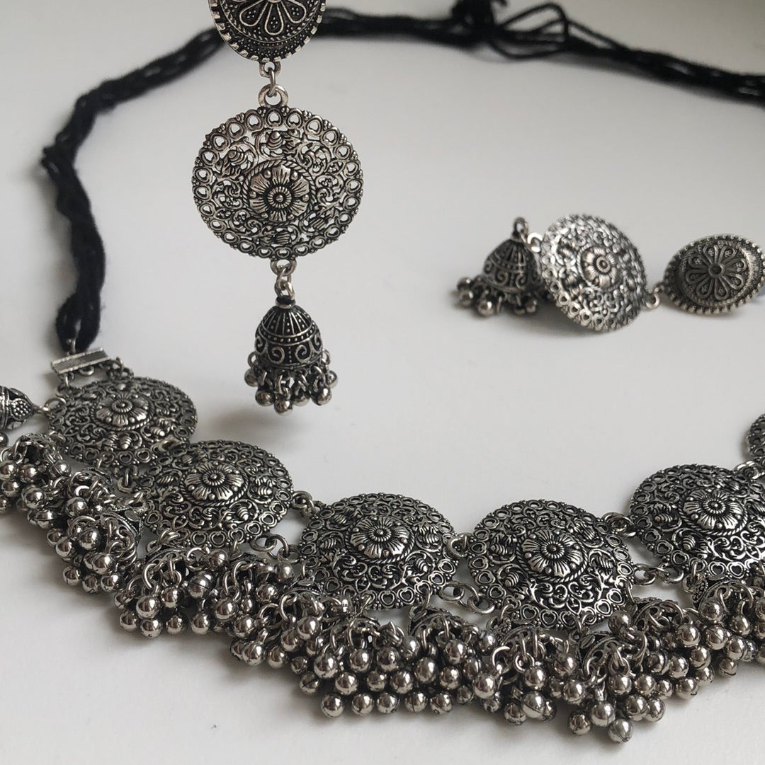 Oxidized Silver Necklace Earring Set