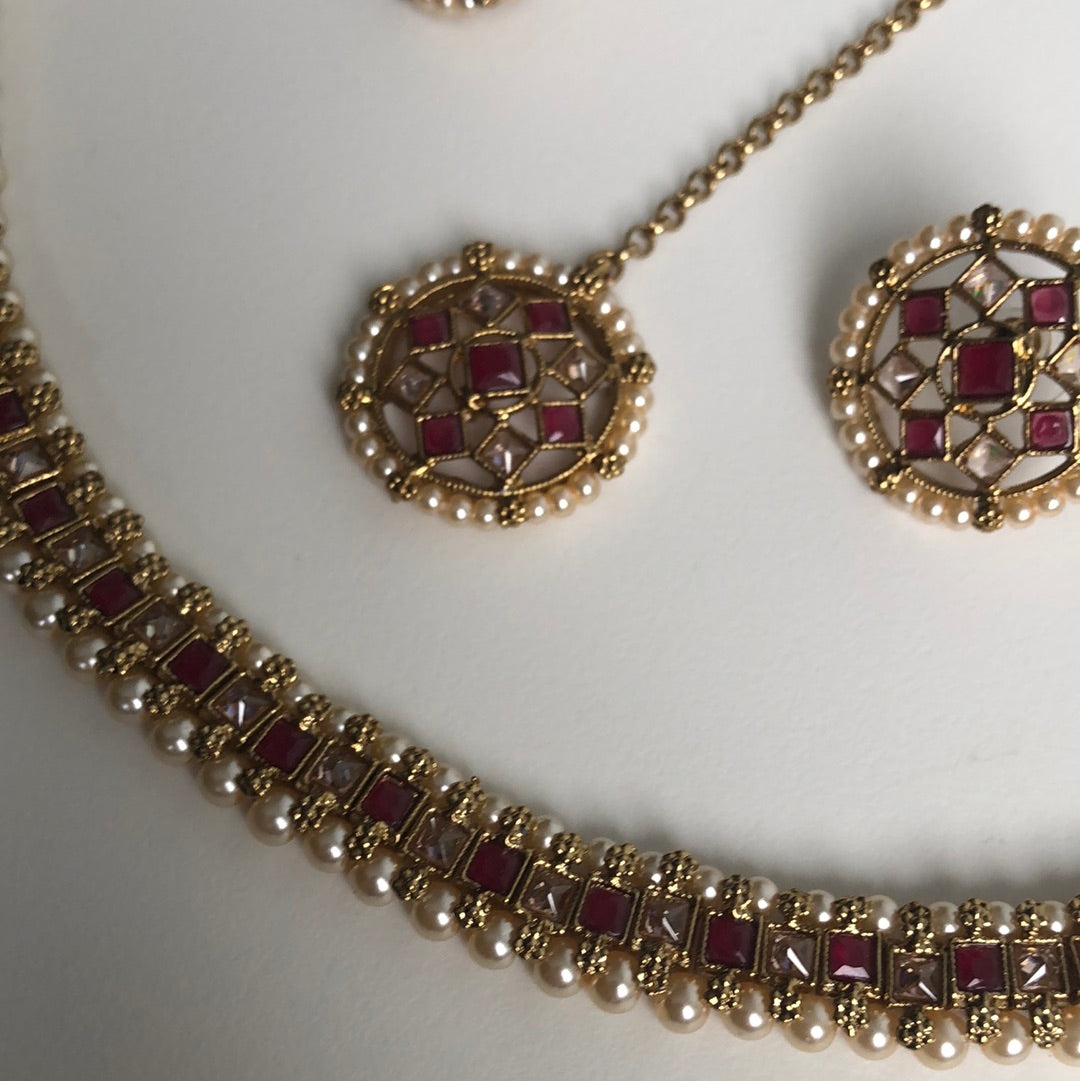 Red Pearl Maroon Choker Earring Tikka Set