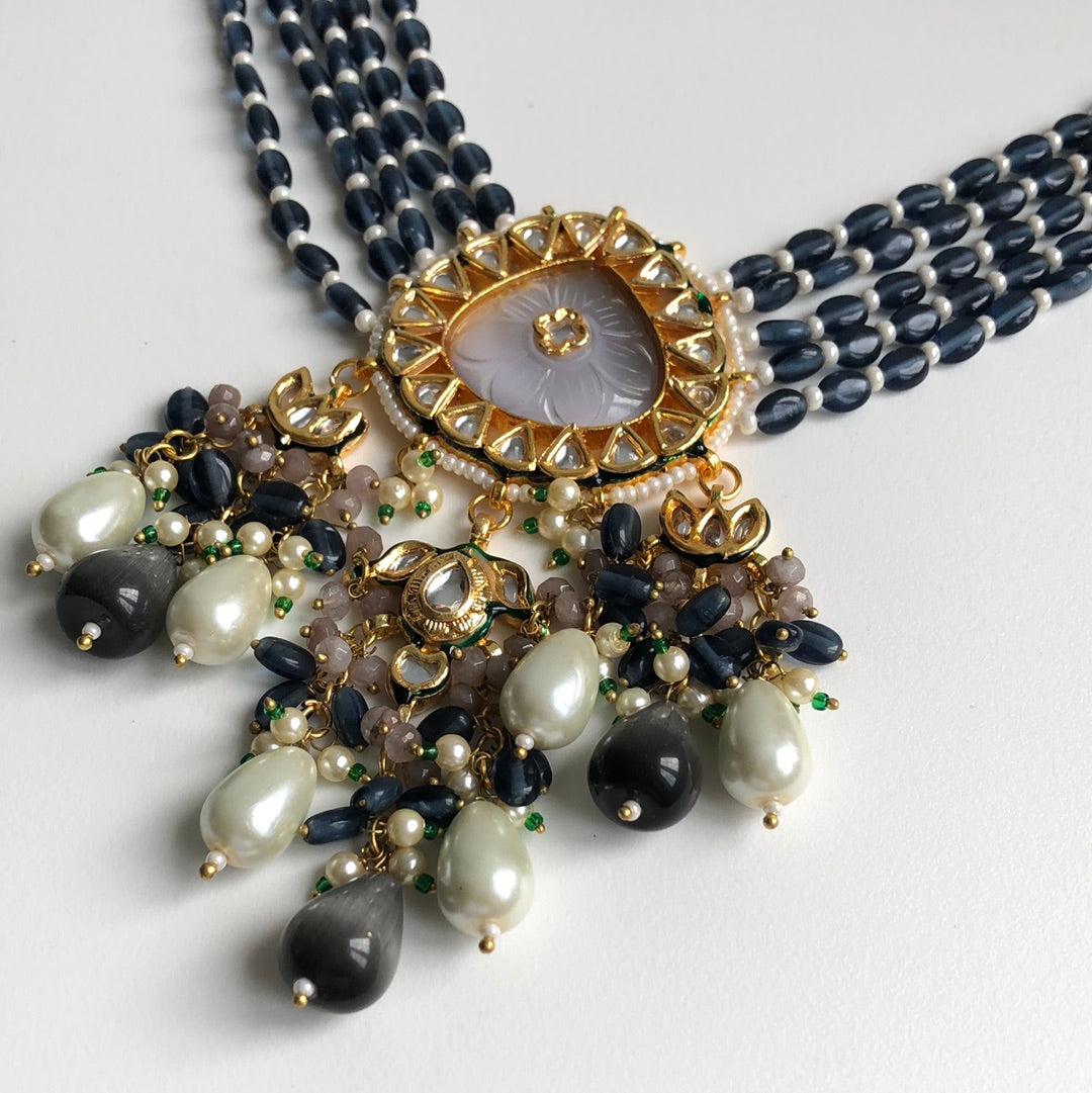 Grey Dark Navy Stone Necklace Earring Set
