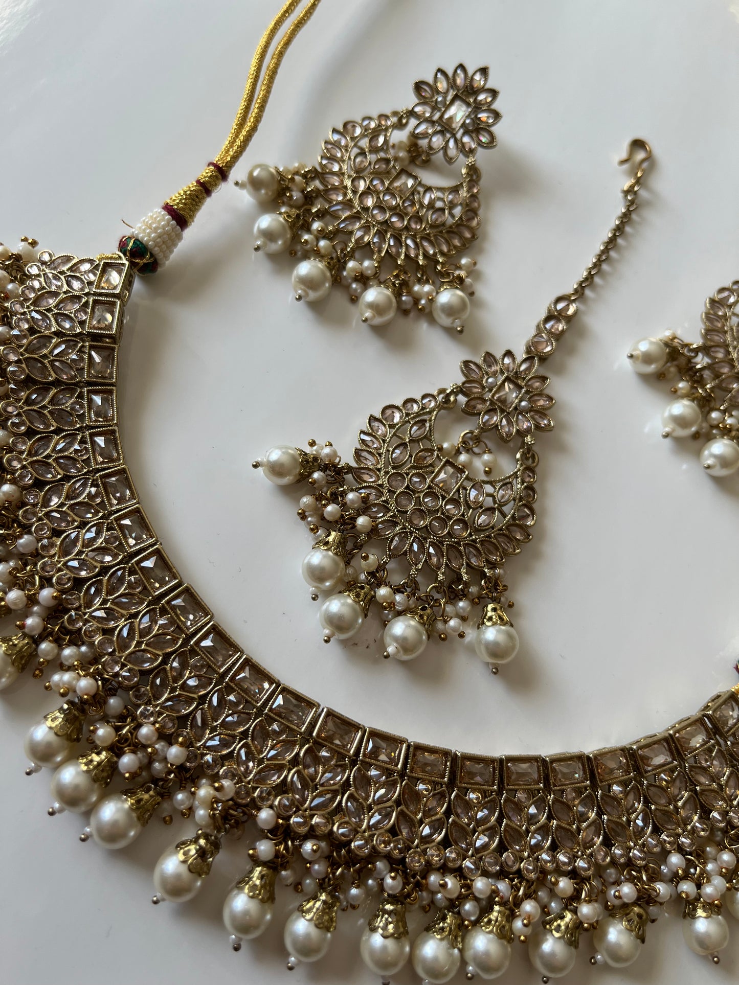 Gold Floral Drop Necklace Earring Tikka Set