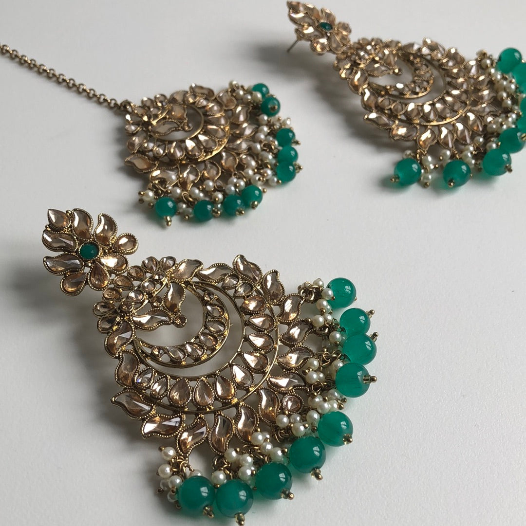 Light Green Stone Gold Earring Tikka Set