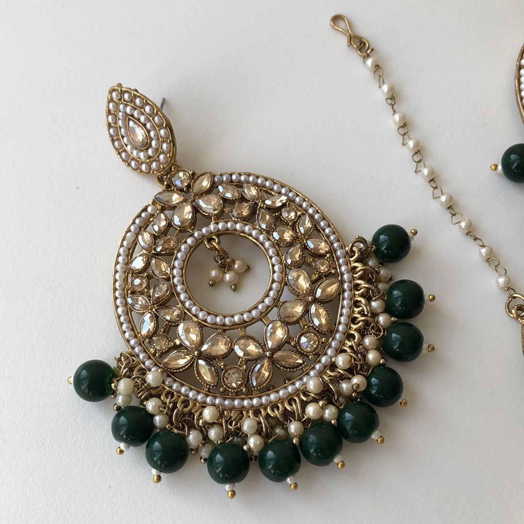 Emerald Green Drop Earrings Tikka Set