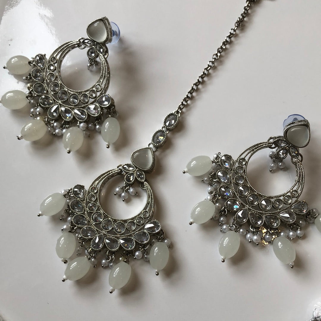 Silver Grey Necklace Earring TikkSet