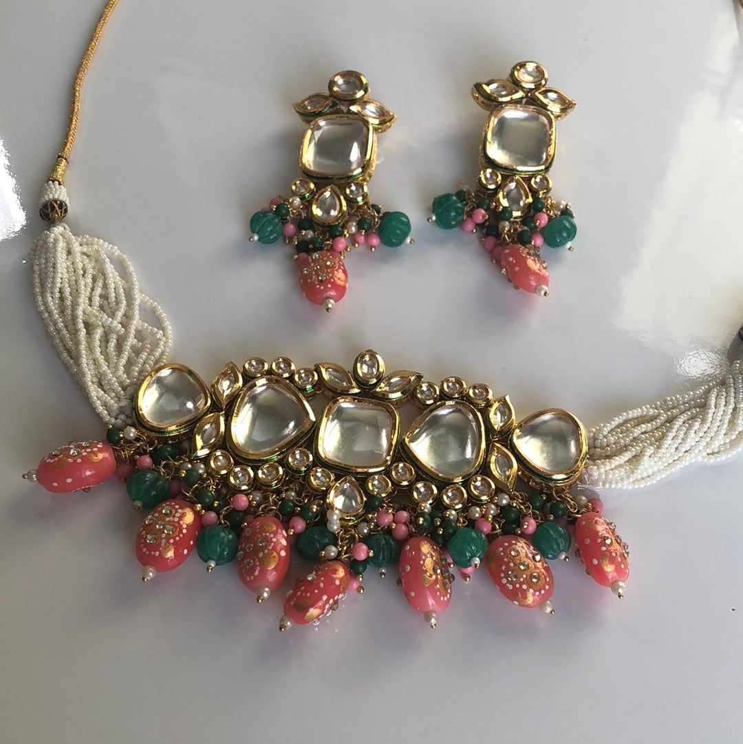 Pink Green Pearl Necklace Earring Set