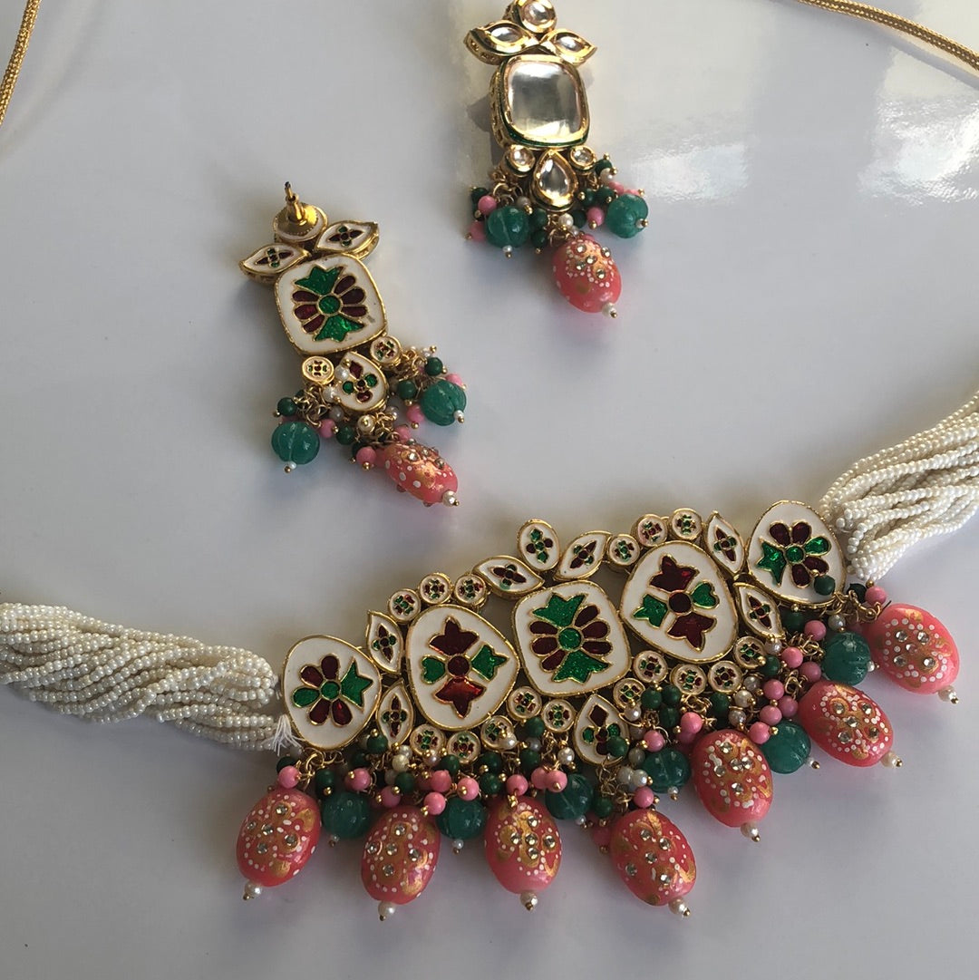 Pink Green Pearl Necklace Earring Set