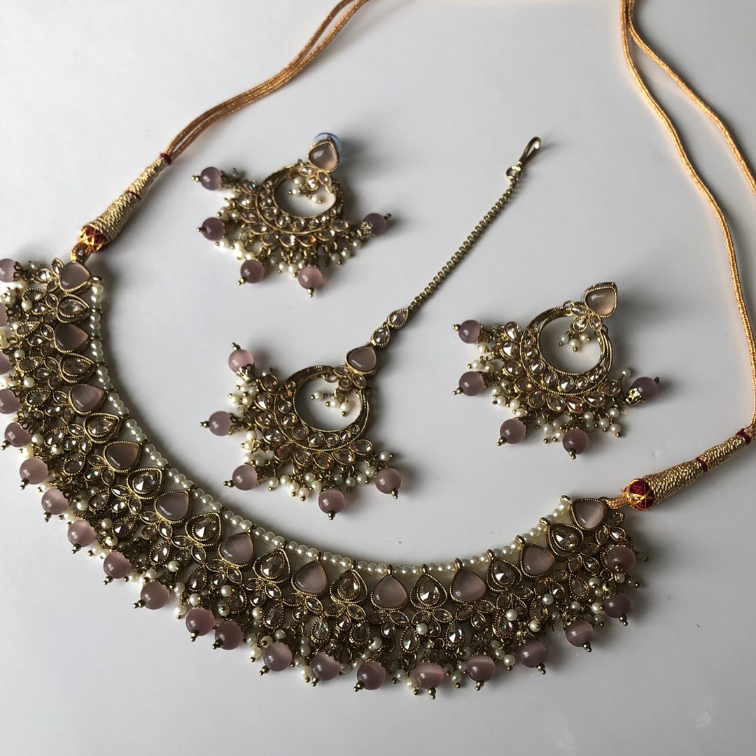 Smoke lavender Necklace Earring Tikka Set