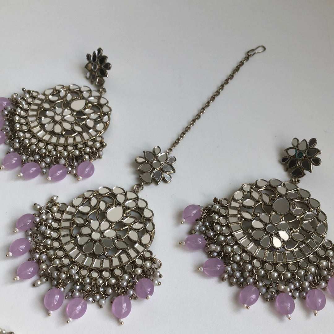 Lavender Mirrored Necklace Earring Tikka Set