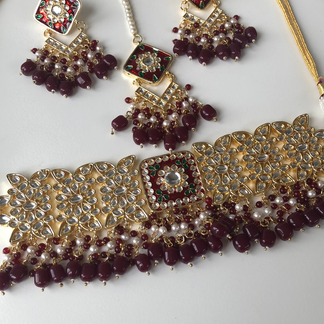 Maroon Red Necklace Earring Tikka Set