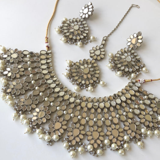 Mirrored Silver Necklace Earring Tikka Set