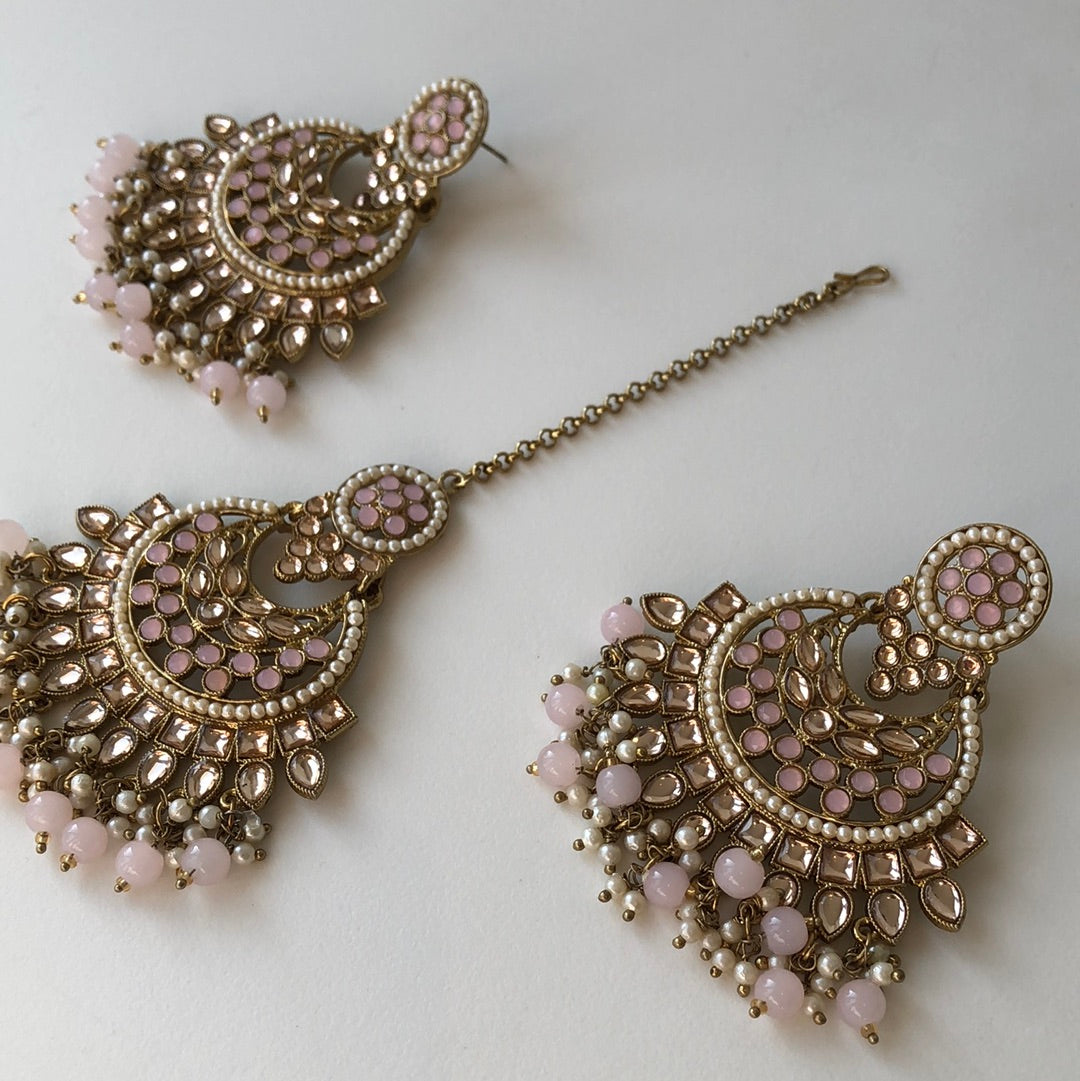 Baby Pink Blush Earrings Tikka Set