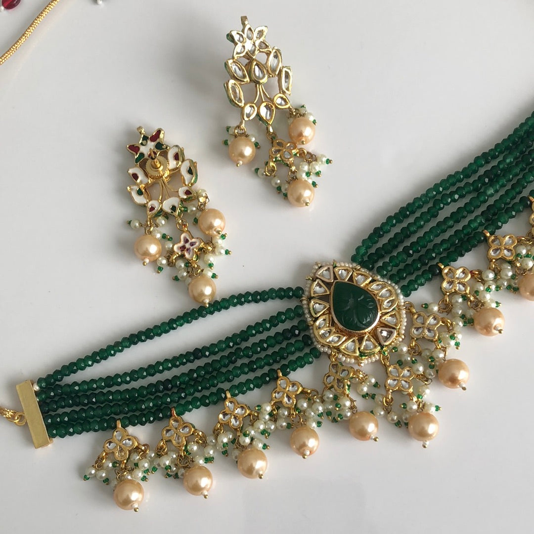 Emerald Green Kundan Pearl Earring Necklace Set