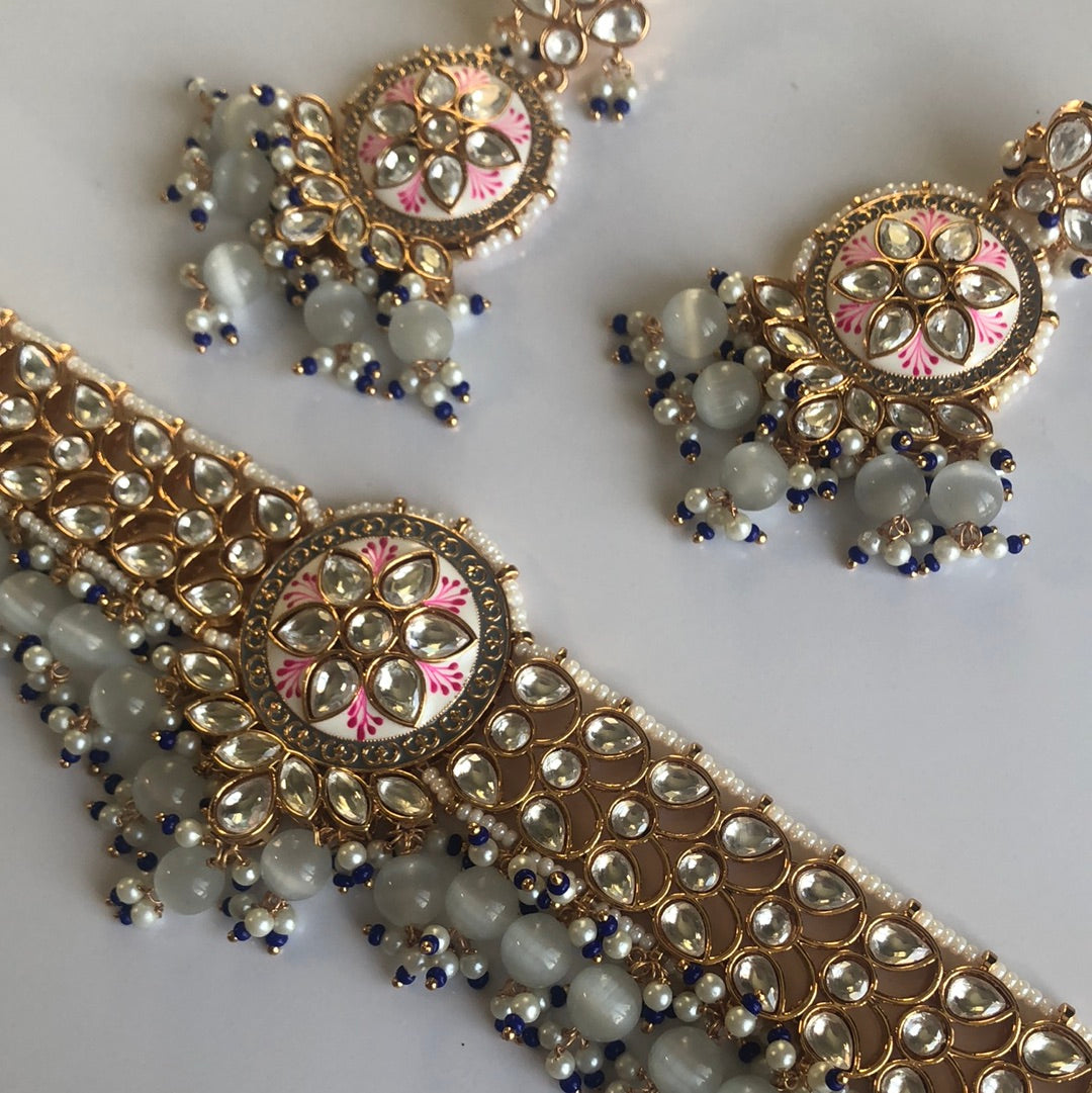 Blue/Grey and Pink accented Necklace Earring Set