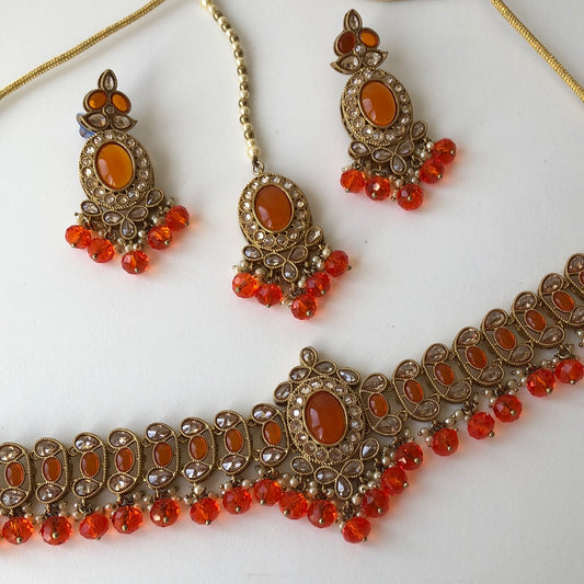 Orange Necklace Earring Tikka Set