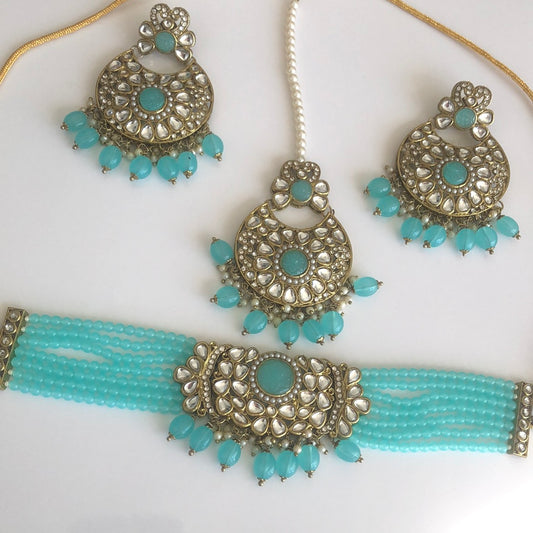 Bright Blue Necklace Earring Tikka Set