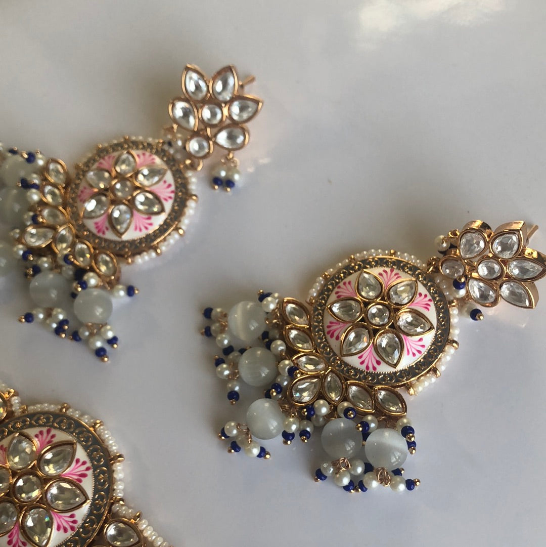 Blue/Grey and Pink accented Necklace Earring Set