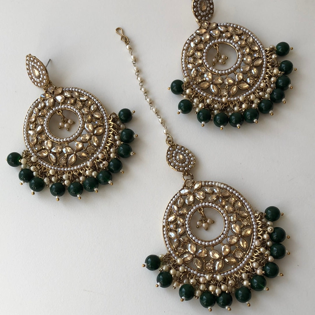 Emerald Green Drop Earrings Tikka Set