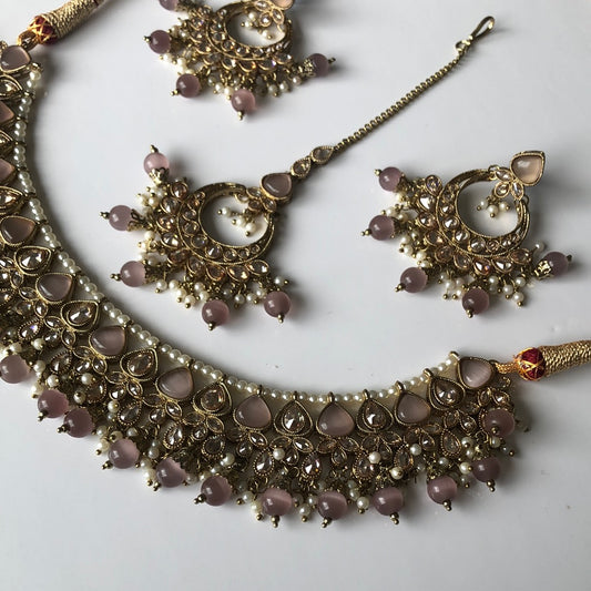 Smoke lavender Necklace Earring Tikka Set