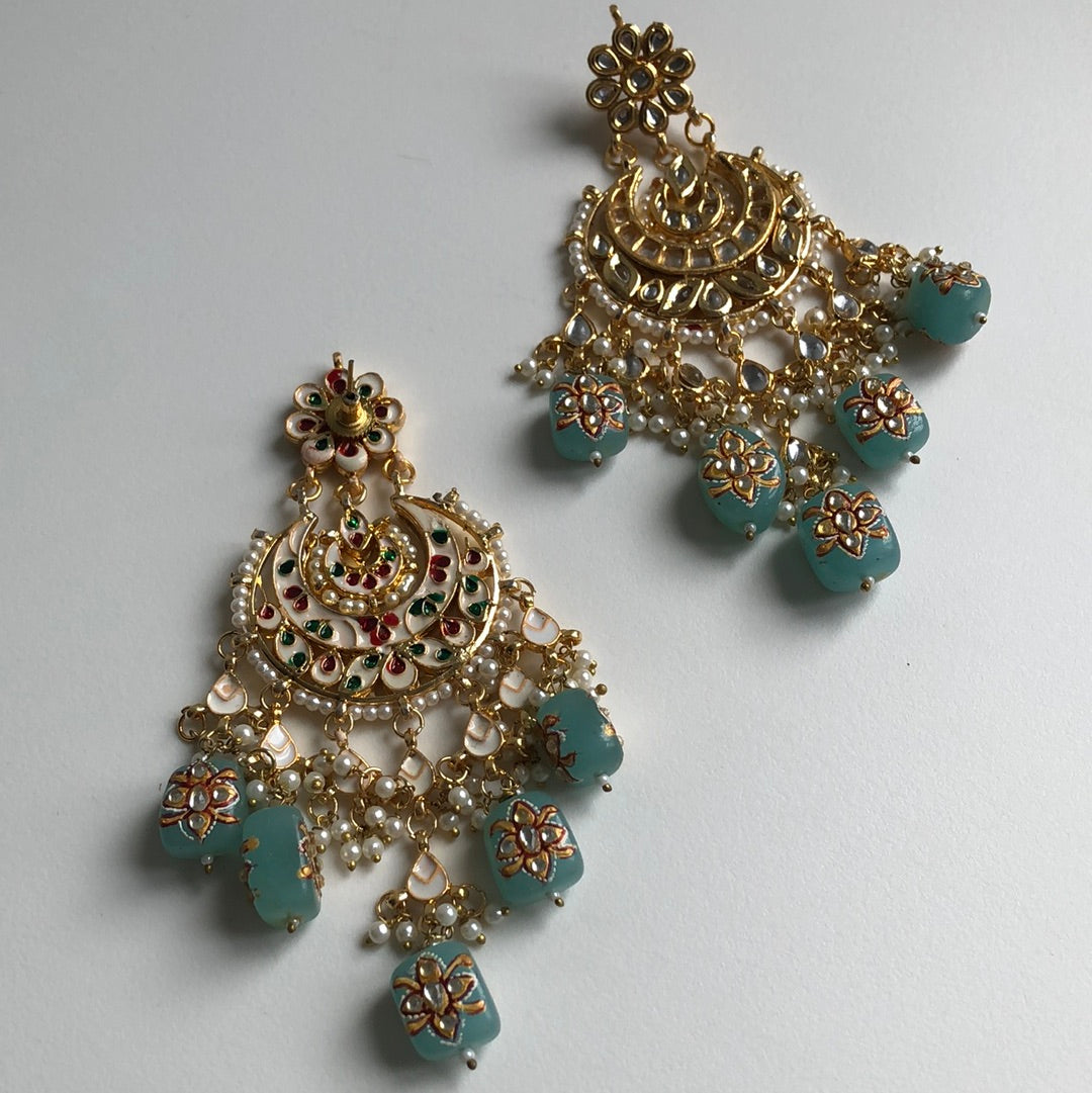 Kundan Ocean Blue Hand-Painted Earrings