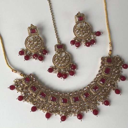 Red Necklace Earring Tikka Set