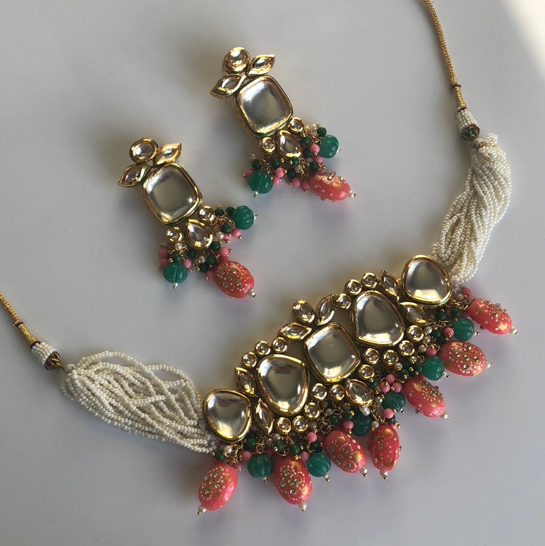 Pink Green Pearl Necklace Earring Set