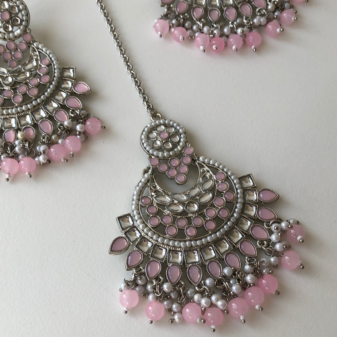 Silver White Pink Earring Tikka Set