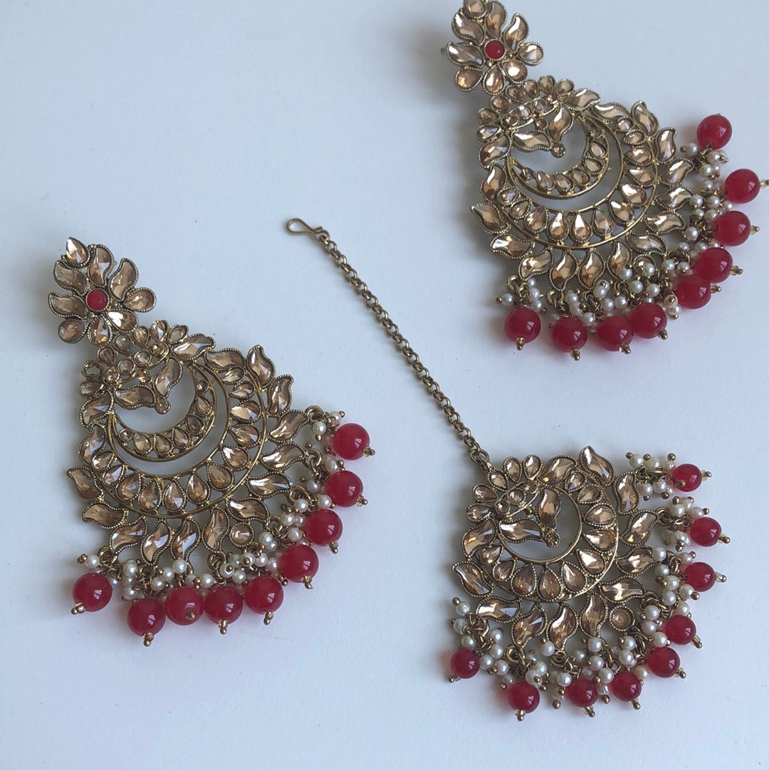 Large Red Drop Earrings Tikka Set