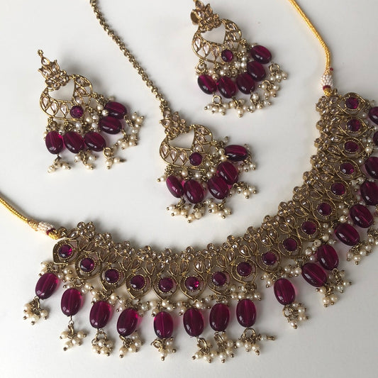 Maroon Necklace Earring Tikka Set