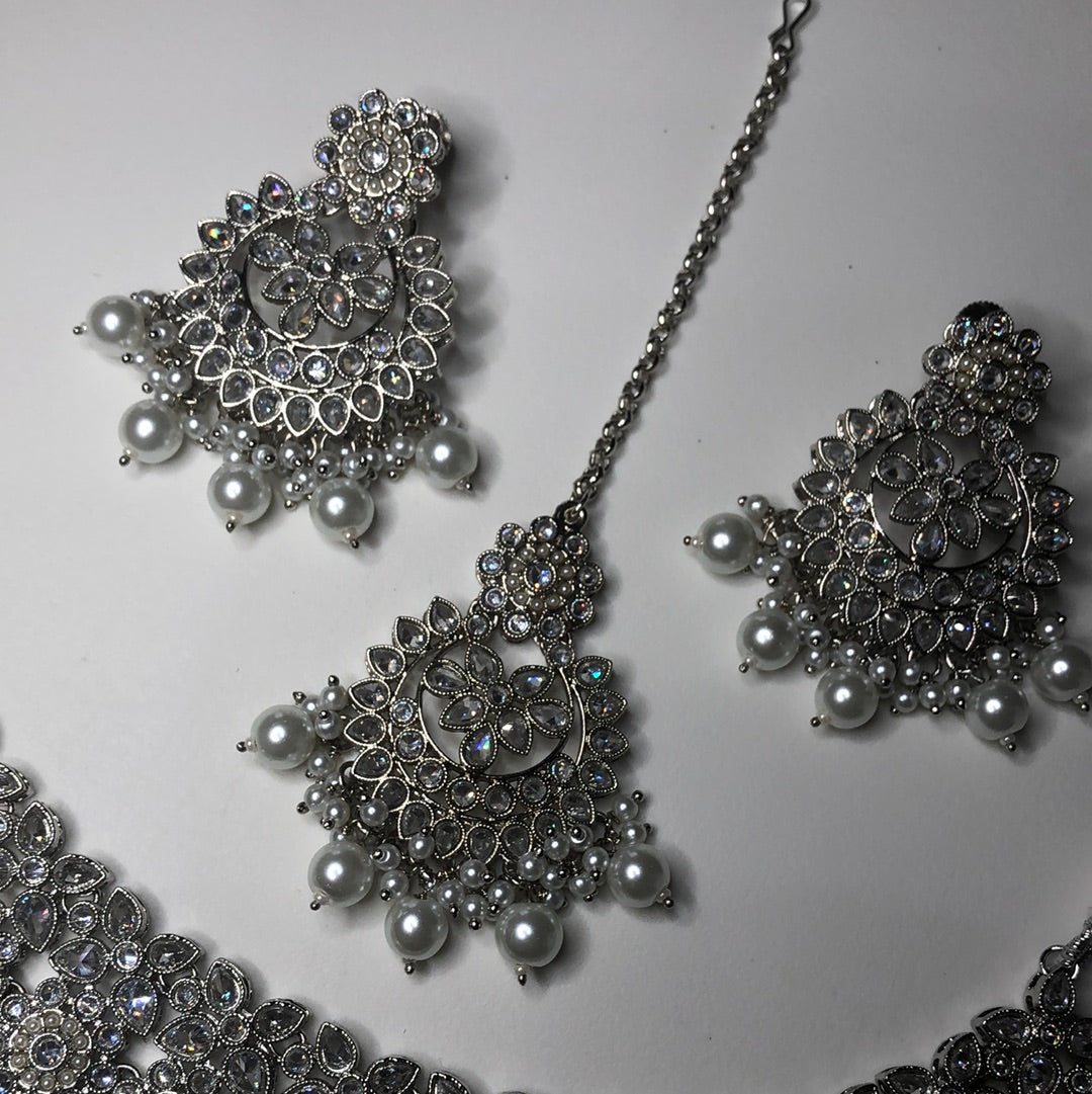 Polki Silver Crystal Necklace Earring Tikka Set