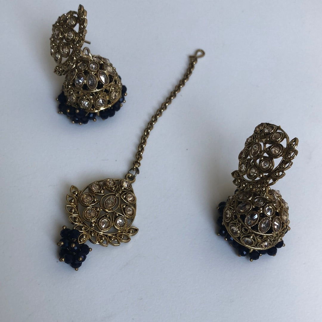 Navy Blue Gold Jumke Earring Tikka Set