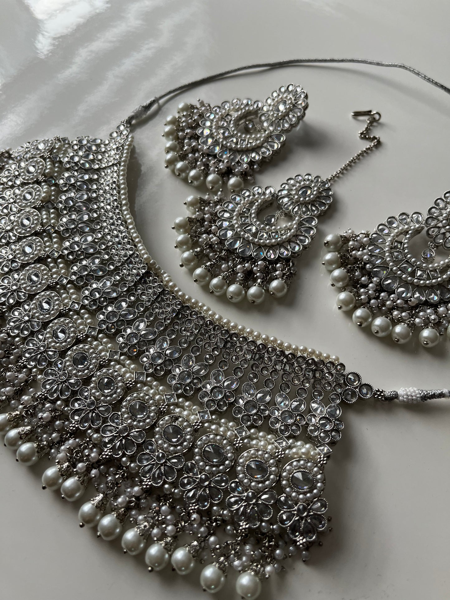 Silver Bridal Necklace Earring Tikka Set