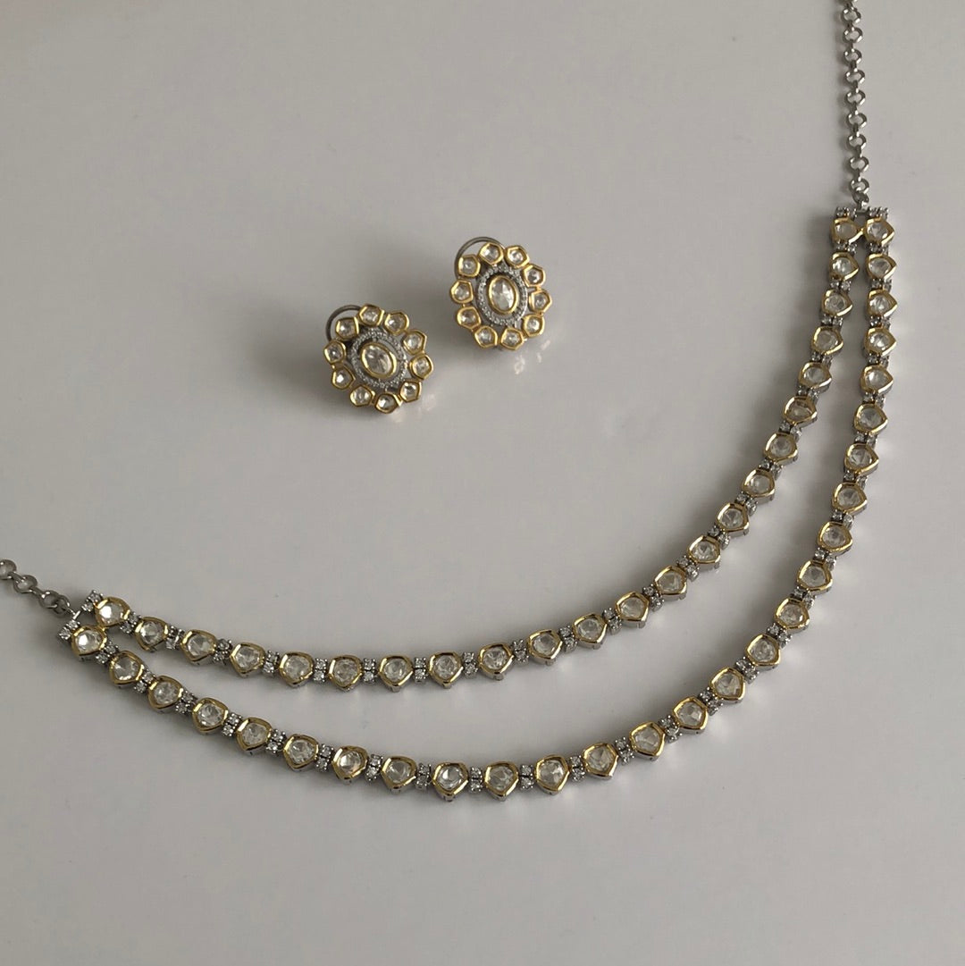 Silver Gold Double Strand Stone Necklace Earring Set