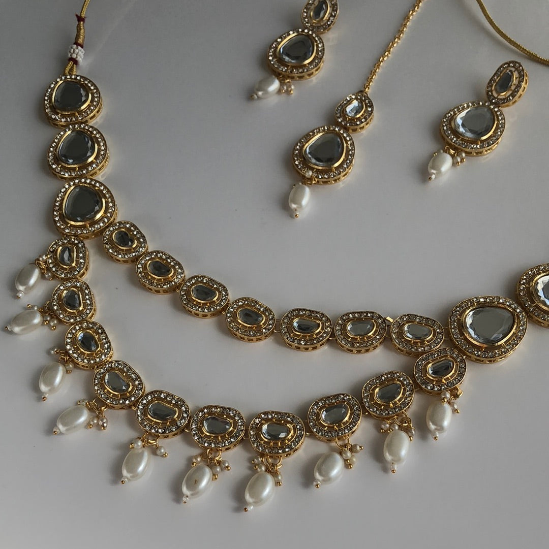 Stone Pearl Necklace Earring Tikka Set