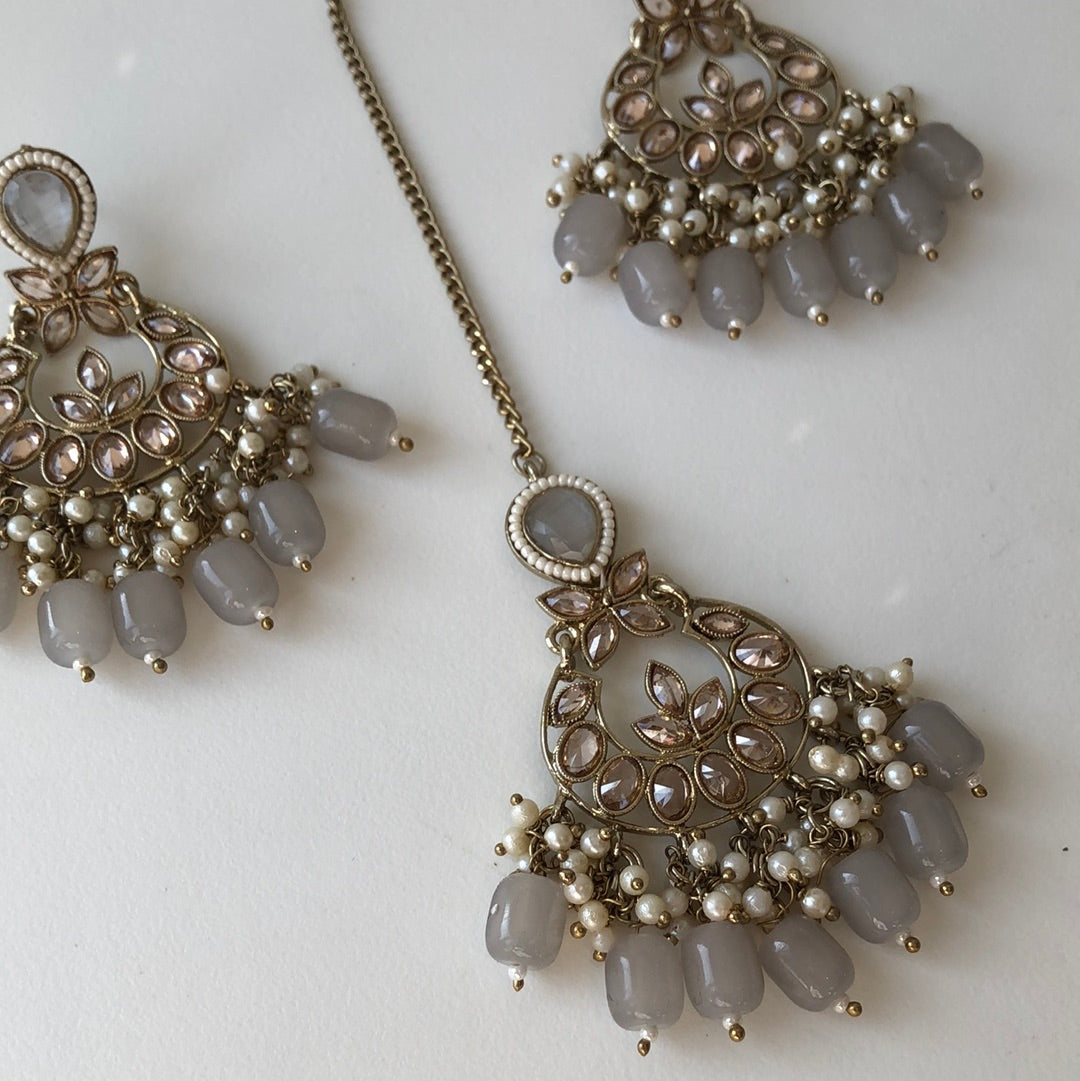 Elegant Gold Crystal Grey Earring Tikka Set