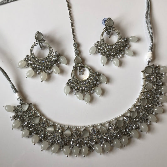 Silver Grey Necklace Earring TikkSet