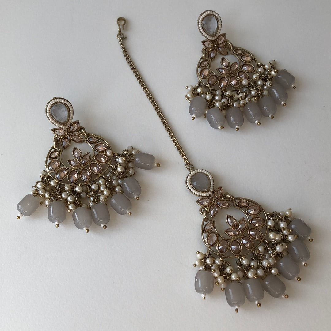 Elegant Gold Crystal Grey Earring Tikka Set